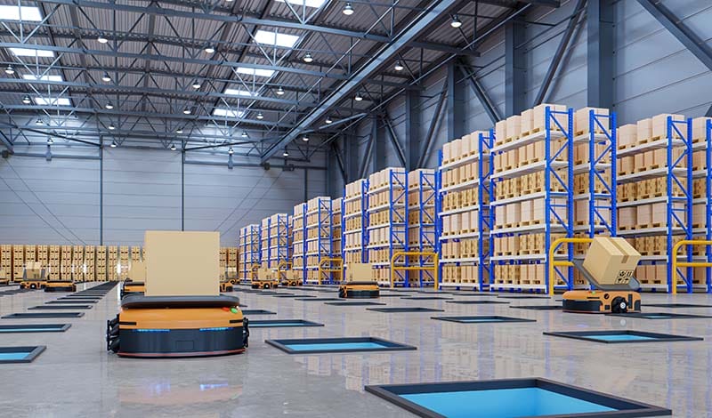 AMRs Autonomous Mobile Robots in warehouse setting